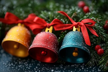 Poster - Three Christmas bells with red bows and a pine branch covered in snow.