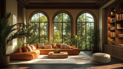 Poster - A modern living room with large windows overlooking a lush tropical garden.