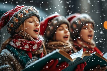 Poster - Three girls in winter wear sing carols from a book in the snow.