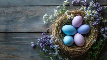 colorful easter eggs nestled in a straw nest, surrounded by delicate flowers on a rustic wooden surf