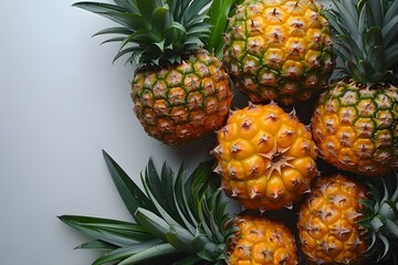 Wall Mural - Fresh Ripe Pineapples Cluster with Green Leaves on Clean White Surface - Tropical Fruit Showcase for Print, Poster, Design