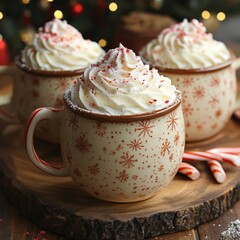 Poster - Three mugs of peppermint hot chocolate topped with whipped cream and crushed candy canes, with candy canes and a blurred Christmas tree in the background.