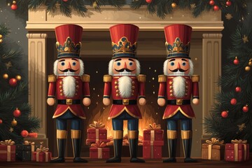 Poster - Three nutcracker figurines stand by a festive fireplace adorned with decorations and gifts.