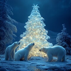 Canvas Print - Three polar bears stand in awe of an illuminated ice Christmas tree in a snowy forest.