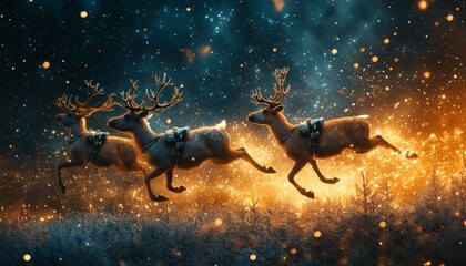 Sticker - Three reindeer run through the snow with glowing lights in the background.