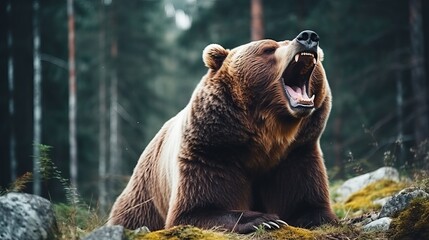 Wall Mural - A large brown bear roars vigorously in a serene forest setting during early morning hours