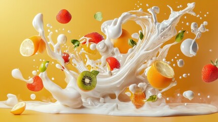 Poster - Milk Splash with Mixed Fruits and Green Leaves