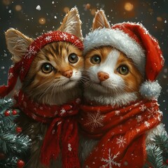 Canvas Print - Two adorable cats wearing Christmas hats and scarves, looking at the camera.