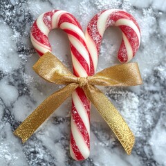 Sticker - Two candy canes tied with a gold ribbon on a white background.