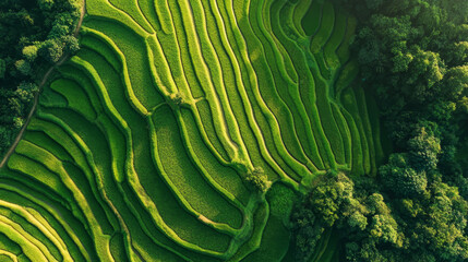 Aerial drone view of a terraced rice field.

