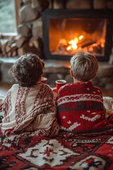 Sticker - Two children bundled in blankets sit in front of a fireplace.