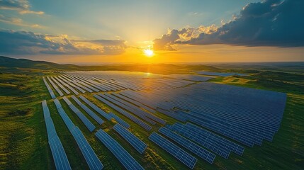 Poster - An aerial view of a large solar farm at sunset.  The sun is setting in the distance, casting a golden glow over the landscape. 