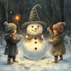 Wall Mural - Two children in winter clothes build a snowman with a hat and scarf in a snowy forest.