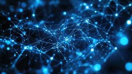 Dynamic technology network of glowing blue nodes and connecting lines, forming a sophisticated web of connections. Ideal for modern banners, posters, or digital backgrounds.