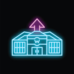 Wall Mural - Neon glowing icon of warehouse with up arrow on black background, suitable for web, print, stickers, apps and posters