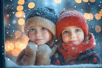 Canvas Print - Two children in winter clothing look out a window at falling snow and twinkling lights.