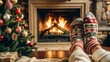 © Indeed_stasi - Cozy Feet in Christmas Socks by Fireplace with Decorated Tree
