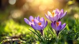 Early spring crocus flowers blooming in a sunlit garden, their purple petals glowing in the light. The fresh green grass provides a soft, natural backdrop for this vibrant display.