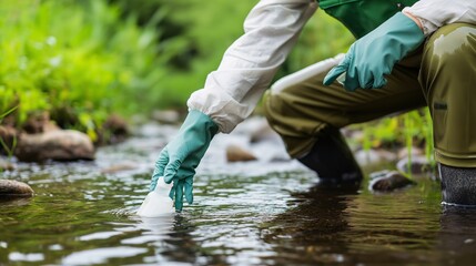 scientist collecting water sample from stream