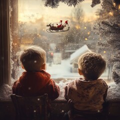 Poster - Two children watching a snowy landscape and Santa's sleigh from a cozy window.