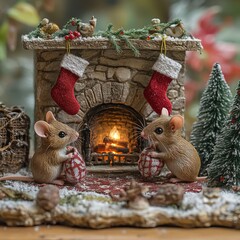 Poster - Two decorative mice by a cozy fireplace with stockings, creating a festive atmosphere.