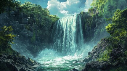 Sticker - Lush Green Forest Waterfall With Clear Blue Water