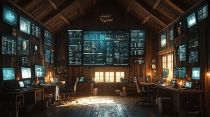 Poster - A rustic wooden room with multiple computer monitors displaying data and information.