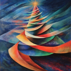 A dynamic depiction of a Christmas tree in the futuristic style with elements of speed and movement