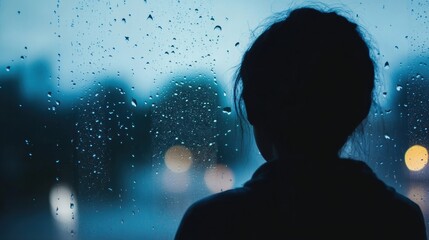 Aufkleber - As raindrops trickle down the glass, a solitary figure stands in soft focus, enveloped by a sense of melancholy and reflection. Generative AI