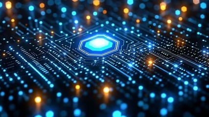Poster - A vibrant digital circuit board displays intricate blue lights and glowing elements, symbolizing innovation in technology and data processing.