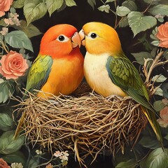 Sticker - Two lovebirds in a nest, cuddling and surrounded by flowers.