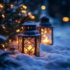 Poster - Two ornate lanterns with lit candles sit in the snow on a cold winter evening, illuminated by string lights on a nearby evergreen tree.