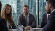 © Infinite Art Labs - Professional business team in corporate office setting, featuring confident executives in formal suits, engaged in discussions with modern skyscrapers in the background,