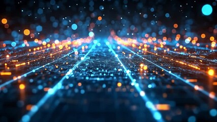 Fototapete - A colorful array of glowing orange and blue lights forms a striking pattern on a dark surface, evoking a sense of modern technology and dynamism at night.