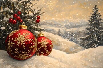 Canvas Print - Two red Christmas ornaments with gold snowflakes on a snowy landscape with a fir tree in the foreground.