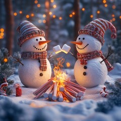 Sticker - Two snowmen wearing hats and scarves roasting marshmallows over a fire made of candy canes in the snow.