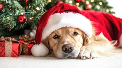 Festive Golden Retriever dressed as Santa, lying down by a Christmas tree. White background with plenty of space for custom holiday messages or advertising.