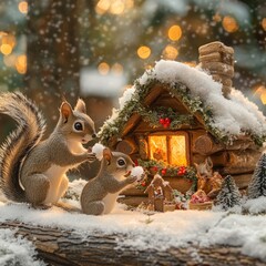 Poster - Two squirrels play in the snow near a cozy, decorated cabin with warm lights.