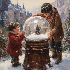 Poster - Two young boys marvel at a snow globe with a miniature winter scene.