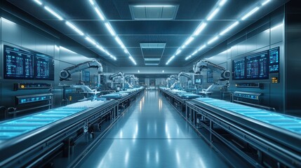 Poster - Modern automated factory with robotic arms and conveyor belts.