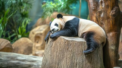 Giant panda bear napping on a tree stump in a zoo, looking utterly relaxed in its natural habitat. Perfect for wildlife and zoo-themed stock photos.