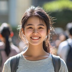 Headshot of young happy attractive asian student smiling and looking at camera with friends on outdoor university background. asian woman in self future education or personalized learning concept.