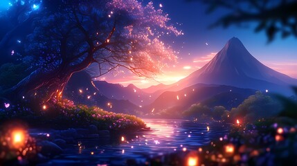 Serene Japanese landscape with flowing rivers and magical energy.