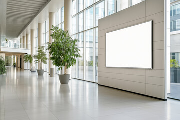 A contemporary office corridor featuring a blank display screen, natural light, and indoor plants, ideal for corporate advertising or information sharing