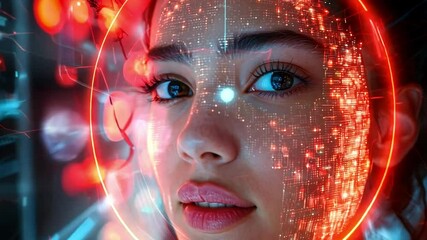 Aufkleber - A young woman gazes intently as digital graphics and glowing data overlay enhance her facial features in a modern, high-tech setting.