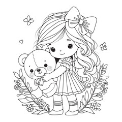 Cute girl with long hair hugging a toy bear. Coloring page for kids and adults. Art therapy. Black and white illustration for printing and coloring.