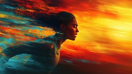 A woman runs with a blurred motion effect against a fiery sunset sky.