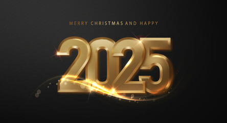 Wall Mural - 2025 New Year and Merry Christmas banner. Golden 3D realistic metal number and shiny gold wave design, radiating elegance and celebration.