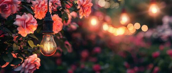 Wall Mural - Botanical background with pink blooming roses, glowing string garlands, lantern at the evening garden. Romantic ambience in backyard. Bokeh,lights, blurred backdrop. Generative ai	