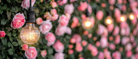 Wall Mural - Botanical background with pink blooming roses, glowing string garlands, lantern at the evening garden. Romantic ambience in backyard. Bokeh,lights, blurred backdrop. Generative ai	